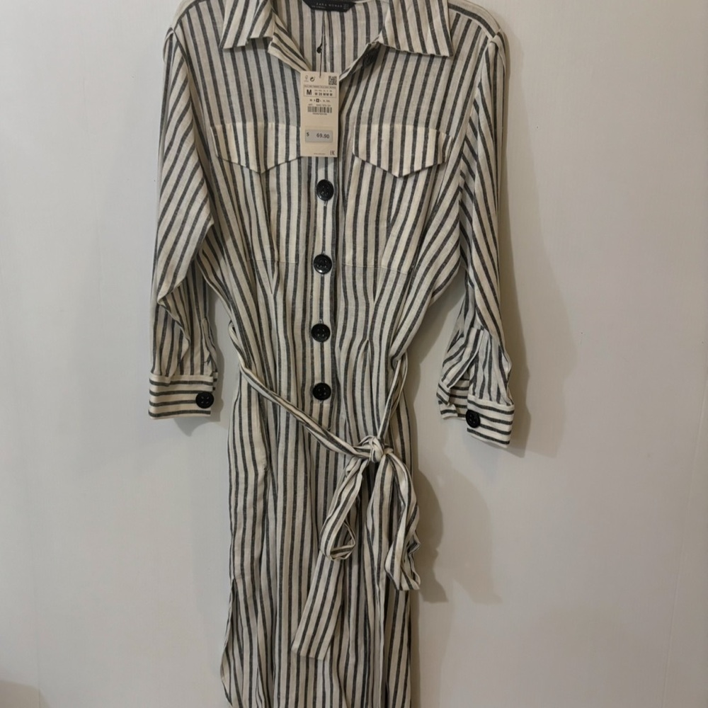 Zara Striped Long Sleeve Dress with Waist Tie